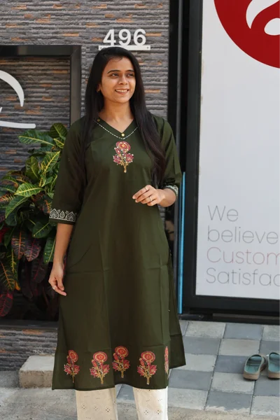 Flower With Mirror Block Print Kurti