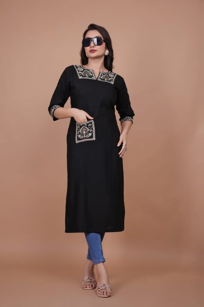 Neck & Pocket Work Kurti(Black)
